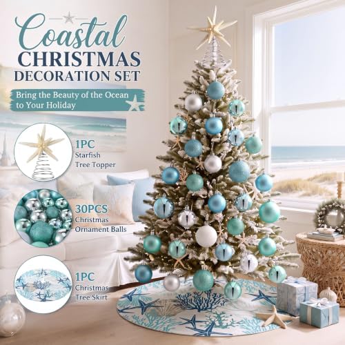 Gejoy 32 Pcs Christmas Tree Decoration Set Include Coastal Christmas Tree Bow Topper Starfish Bow Wreath Xmas Trees Skirt 30 Pcs 3 Sizes Blue and Silver Hanging Xmas Ball Ornaments for Home Decor - Image 2