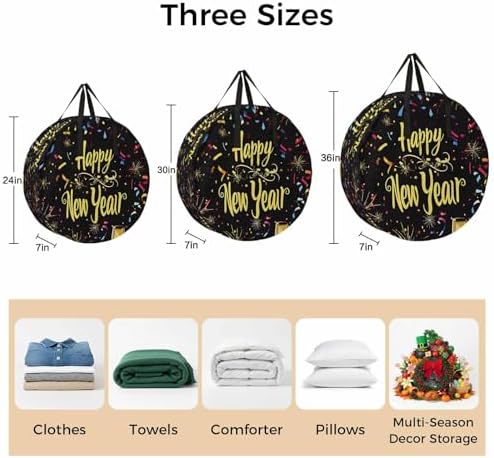 Happy New Year Round Storage Bag 36 Inch, Celebrate Firework Colored Ribbon Clothes Storage Container with Handles Heavy Duty Organizer for Comforter, Bedding & Holiday Wreaths - Image 7