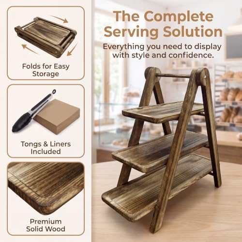 3 Tier Serving Tray Wood Tiered Cupcake Stand, Large Collapsible Food Serving Platter Party Decor Dessert Table Display Set, Decorative Trays Farmhouse Display Stands for Fruit Charcuterie - Image 3