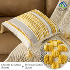 AmHoo Set of 2 Chenille Striped Textured Boho Throw Pillow Covers Aesthetic with Tassels Woven Decorative Pillow Case for Couch Bed Sofa Bedroom Modern Funky 18 x 18-Inch Yellow - Image 2