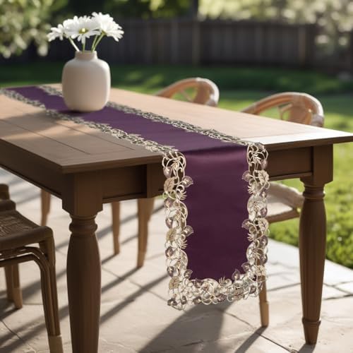 DECOZEN Gold Lace Plum Christmas Table Runner – Embroidered Dining & Dresser Decor Scarf for Holiday Tables, Weddings & Parties – 14 x 108 in Elegant European Falling Tarantino Collection - Image 2