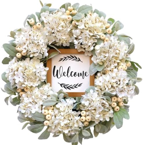 Year Round Wreaths for Front Door 22 Inch, Spring/Summer Wreath with Hydrangeas Lamb's Leaves Berries Welcome Board for Holiday Farmhouse Home Indoor Outdoor Wedding Party Wall Window Decor by idyllic