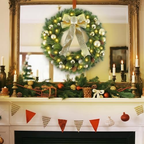 Hausse 21" Lighted Christmas Wreath with Metal Hanger, Pre-lit Xmas Folded Wreath with LED Lights, Golden Bow & Balls, Battery Operated & Timer for Front Door Gate Wall Holiday Party Decor - Image 4