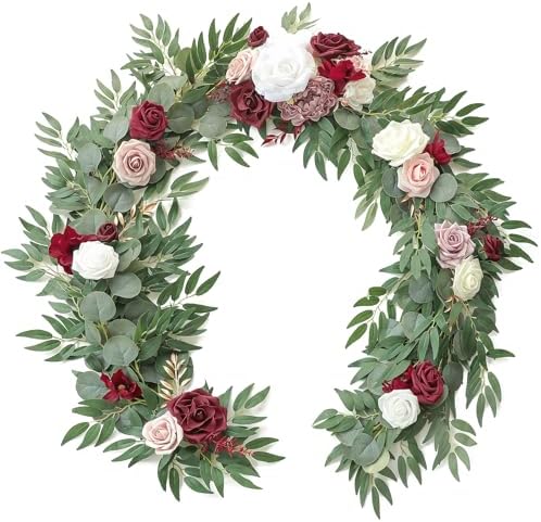 Floroom 6ft Artificial Eucalyptus Garland with Flowers Fake Greenery Faux Floral Vine Garland for Table Decor Wedding Centerpieces Bridal Shower Party Decorations, Burgundy & White by Floroom