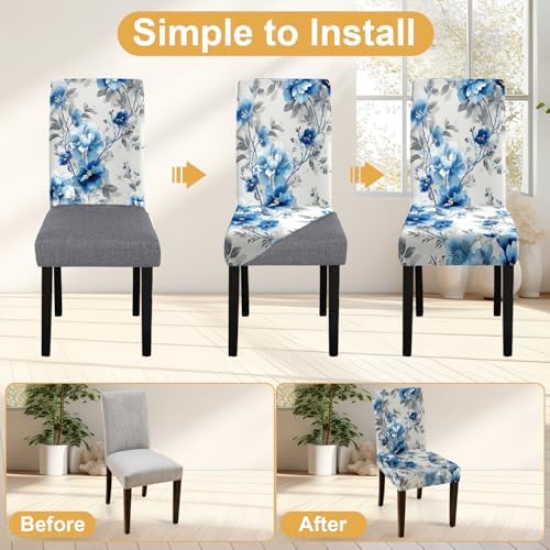 Blue Flower Chair Covers Set of 6,Stretchable Kitchen Dining Room Chair Covers Decorations Removable Washable Dining Chair Slipcovers Chair Protectors for Dining Room & Kitchen - Image 4
