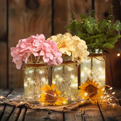 Set of 3 Mason Jar Lights, Champagne Hydrangea Holiday Table Decor - Image 5