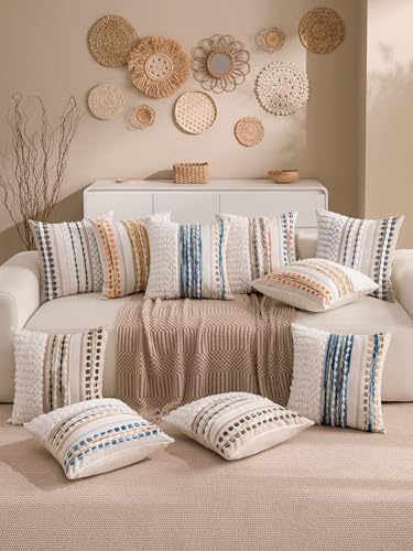 Boho Chenille Tufted Couch Throw Pillow Covers 18x18 Inch Set of 2 Farmhouse Striped Decorative Pillow Covers Accent Neutral Square Pillowcase Green Cushion Covers for Livingroom Sofa Bed - Image 3