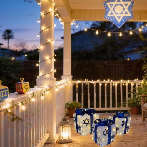 Hanukkah Light Up Gift Boxes Set of 3 Outdoor Decorations Pre-lit 80 Lights, Hanukkah Decor Lighted Present Box with Menorah, Dreidel, Star of David, Battery Operated Chanukah Decoration Jewish Décor - Image 4