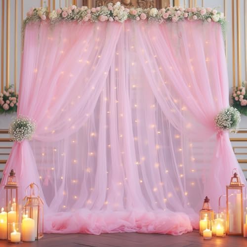 10x10ft Pink Tulle Backdrop Curtain with Lights String for Parites, Sheer Backdrop Drapes for Baby Shower Wedding Birthday Party Photo Shoot Decorations - Image 6