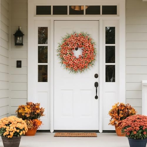 26" Large Artificial Silk Flower Eucalyptus Wreath for Outdoor(Fall Orange) - Image 4