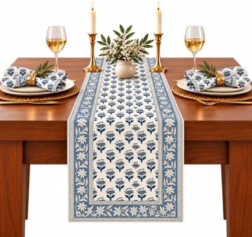 CPC Apatite Blue Block Print Table Runner 16x106 Inch Long 100% Cotton by COTTONPRINTCLUB