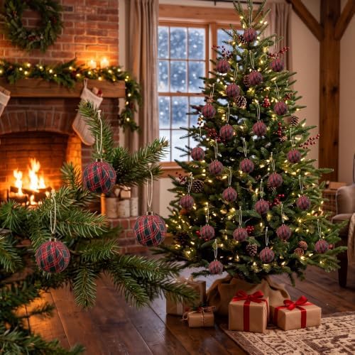 Hollowfly 24 Pcs 2.36 Inch Christmas Tartan Plaid Ball Ornaments Vintage Large Buffalo Plaid Balls Christmas Tree Hanging Ornament Rustic Ball Pendant Hanging Decor for Xmas Tree Party(Light Green) - Image 6