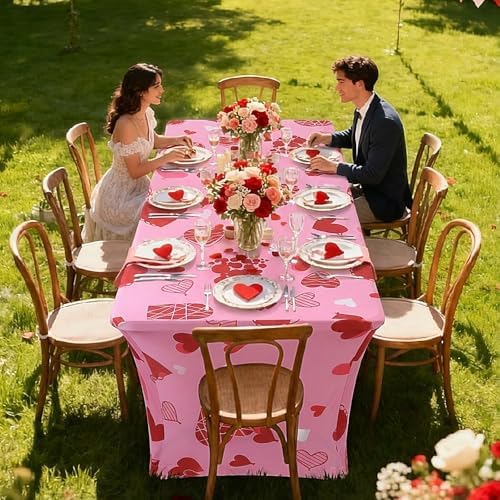 Oudain 2 Pcs Valentine's Day Table Cover Stretch Tablecloth 6 ft Pink Heart Tablecloth - Image 6