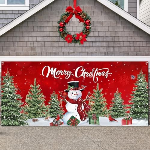 WovWeave 6 x 13 Ft Snowman Garage Door Cover, Red Christmas Forest by WovWeave
