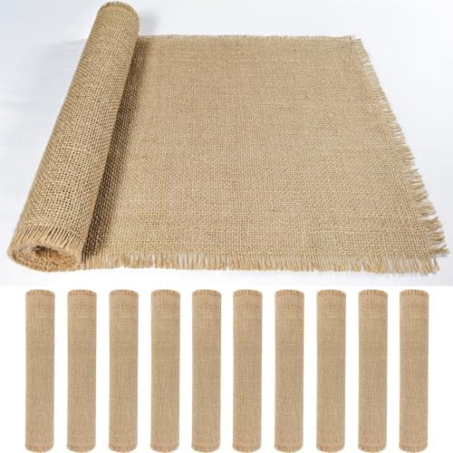 10 Pack 13 x 72 Inch Tassel Burlap Table Runners,Natural Rustic Jute Table Runner and Placemats Bulk for Western Wedding Table Decorations,Farmhouse Style Party,Holiday,Kitchen Table Decor Cover by Wlirantim