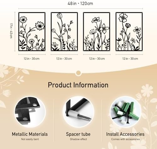 Black Metal Botanical Wall Art, Boho Farmhouse Flower Bathroom Wall Decor - Image 4