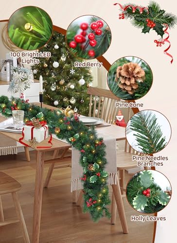 Christmas Garland with Lights, 9Ft Prelit Garland, 8 Light Modes & Timer - Image 2
