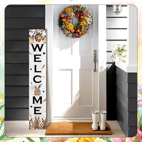 Easter Welcome Sign for Front Door, 47'' Tall Happy Easter Bunny Wooden Porch Sign for Patio, Rabbit Eggs Standing Vertical Door Signs Spring Rustic Yard Signs Seasonal Outdoor Signs for Garden - Image 2