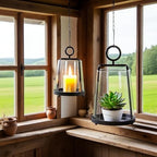 9" Wide Modern Farmhouse Metal Hurricane Candle Holder with Handmade Sturdy Glass Sleeve in Black for Pillar Candle & Plants, Glass Hurricane Lantern, Industrial, Minimalistic - Image 4