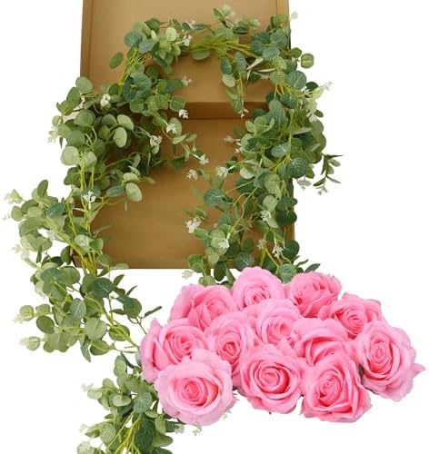 1 Pack Artificial Garland Eucalyptus Vine with 12 Roses for Home Decor Wedding Table Runner Centerpiece DIY Wreath Decor (Pink) - Image 5