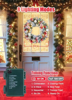Pre-Lit Artificial Christmas Wreath 24Inch, Christmas Door Decorations Wreath with 50LED Warm Lights, Christmas Balls, Pine Needles, and Red Berries for Front Door Wall Windows X-mas Ornament - Image 5