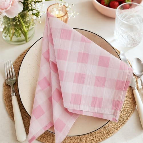 Cloth Napkins Set of 12, 100% Cotton Reusable Gingham Printed Dinner Napkins, 18x18” Washable Table & Kitchen Napkins for Home, Dining, Party, Pink & White - Image 6