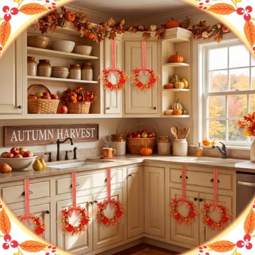 Dingion 6pc 6" Fall Mini Cabinet Wreath for Kitchen, Artificial Fall Wreath - Image 4