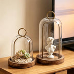 Set of 2 Versatile Vintage Brass Metal Candle Holder with Handmade Sturdy Glass Dome and Natural Wooden Base for Pillar Candle & Plants, Industrial, Farmhouse, Shabby Chic, Display Cloche Bell Jars - Image 4