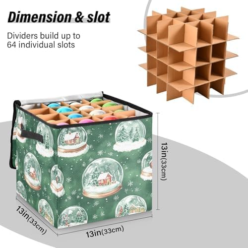 Snow Globe Christmas Ornament Storage Box with Adjustable Dividers Stores up to 64-3 Inch Holiday Ornaments, 13 x 13 Inch Xmas Storage Containers - Image 3
