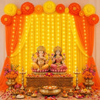 Indian Pooja Backdrop Decoration Set, Diwali Backdrop 4 Yellow Orange Tulle Drapes and 12 Paper Flowers, Mehndi Home Decorations for Varalakshmi, Haldi, Puja, Festival Decor - Image 5