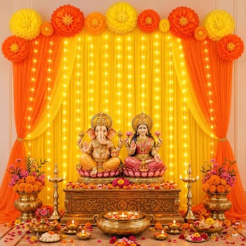 Indian Pooja Backdrop Decoration Set, Diwali Backdrop 4 Yellow Orange Tulle Drapes and 12 Paper Flowers, Mehndi Home Decorations for Varalakshmi, Haldi, Puja, Festival Decor - Image 5
