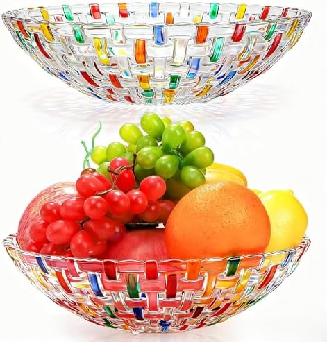 Tlence 2 Pack Colorful Crystal Glass Fruit Bowl for Kitchen Counter, 10" Hand Painted Woven Art Decorative Bowl, Centerpiece Display Serving Bowl Candy Dish for Salad Dessert, Home Decor by Tlence
