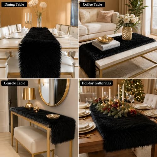 Black Faux Fur Table Runner Christmas Table Decor 11.8 x 70.8 Inch - Image 6
