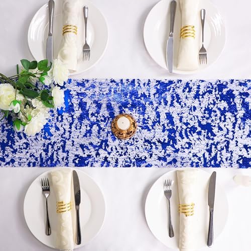 2 Pcs Royal Blue Table Runner, Glitter Metallic Foil Mesh Roll 108" - Image 6