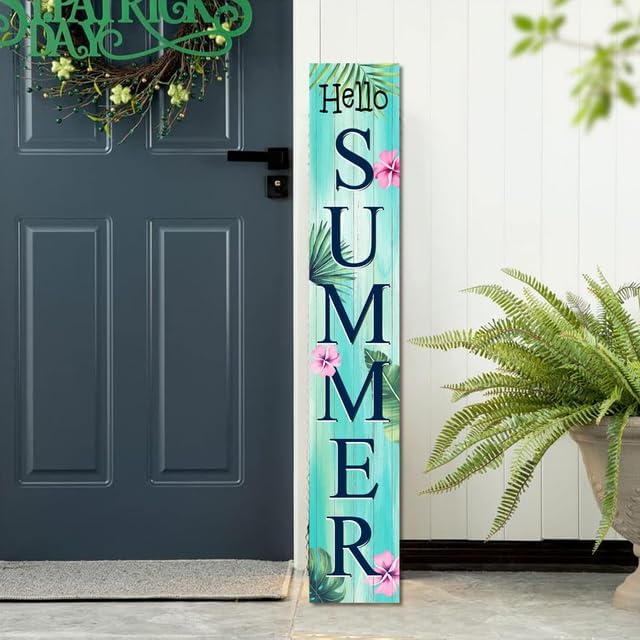 Hello Summer Tropical Plants Porch Board Welcome Solid Wood Sign and Porch Leaner for Front Door Porch Deck Patio or Wall Farmhouse Rustic Vertical Porch and Yard Decor 8”x48” - Image 2