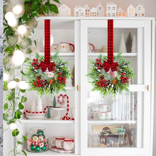 4Pcs Small Christmas Wreath - Mini Wreaths with Red Berry Pine Eucalyptus Christmas Wreaths for Door Kitchen Cabinets Window Fireplaces Decor - Image 3
