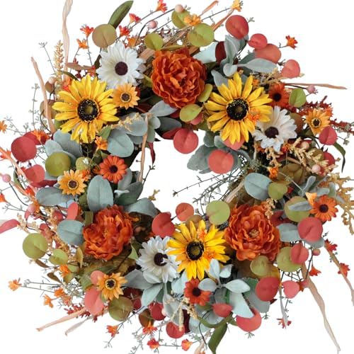 TEMPUS 22 inch Artificial Autumn Peony Daisy Wreath Multiple Leaf Wreath for Front Door Harvest Festival Window Wedding Autumn Outdoor Indoor Decoration by TEMPUSDECOR