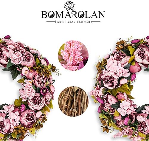 BOMAROLAN Artificial Peony Flower Wreath 19Inch Vintage Blooming Silk Peonies Spring Summer Fall Winter Large Wreaths Flower Green Leaves for Outdoor Front Door Indoor Wedding Wall Or Window Décor - Image 6