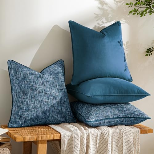 a moment Blue 4 Pack Throw Pillow Covers - Chenille & Velvet Set with Piping, Farmhouse Textured Design Pillow Cases for Couch Sofa Bed Livingroom (22x22 Inch, No Insert) - Image 3