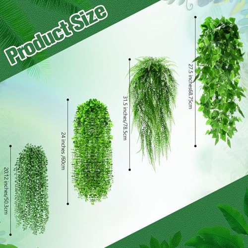 Daifunli 8 Pcs Artificial Hanging Plants Fake Hanging Ferns Plastic Faux Plants for Wall Room Garden Garland Indoor Outdoor Decor No Basket (Boston,Eucalyptus,Ivy Vine,String of Pearls) - Image 2