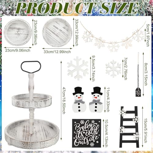 Shellwei 14 Set Winter Tiered Tray Decor with Tray Snowmen Decorations Winter Snowflakes Wood Decor Black and White Rustic Farmhouse Wooden Sign Decoration for Home Tabletop - Image 3