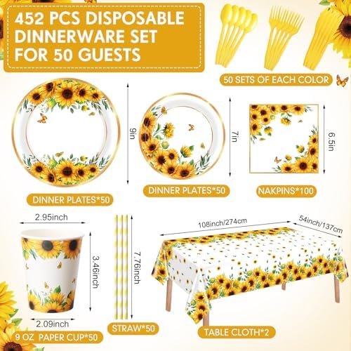 Potchen 452 Pcs Sunflower Party Supplies Serve 50, Yellow - Image 2