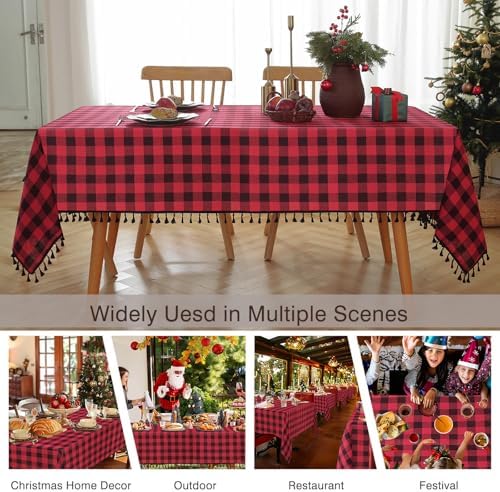 JIALE Gingham Tablecloth Rectangle Cotton Linen Fabric Checkered Table Cloth with Tassel Washable Wrinkle Free Buffalo Plaid Table Cover for Christmas, Party Kitchen Dining,red and Black, 55x90 - Image 2