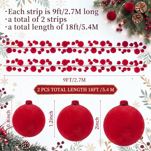 2 Pcs 9 ft Red Velvet Christmas Ball Ornament Garland - Image 2