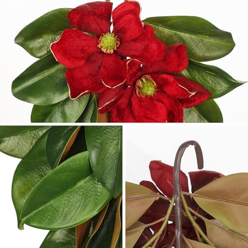Christmas Poinsettia Teardrop Swag – 28" Artificial Magnolia Leaf Hanging Door Decoration – Holiday Front Door, Fireplace & Stairway Décor for Wedding Christmas Thanksgiving - Image 3
