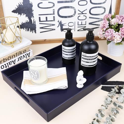 Navy Blue Serving Tray for Coffee Table, Rectangular Plastic Decorative Tray with Handles for Entertaining, Outdoor Patio, Living Room, Ottoman, Bathroom Counter, 11.8”*15.7”*1.6” - Image 4