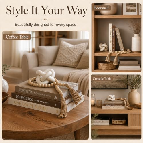 5Pcs Set: 3 Linen Decorative Books for Home Decor, Wood Knot & Bead Garland - Image 6