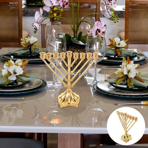 Traditional Hanukkah Menorah Candle Holder, 9 Branches Zinc Alloy Golden - Image 6