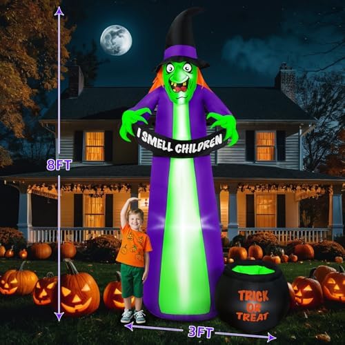 8Ft Halloween Inflatables Witch Outdoor Decorations with Candy Cauldron, Scary Blow Up Witch Holds I Smell Children Banner, Inflatable Halloween Build-in LEDs for Party Yard Lawn Garden Decor - Image 5