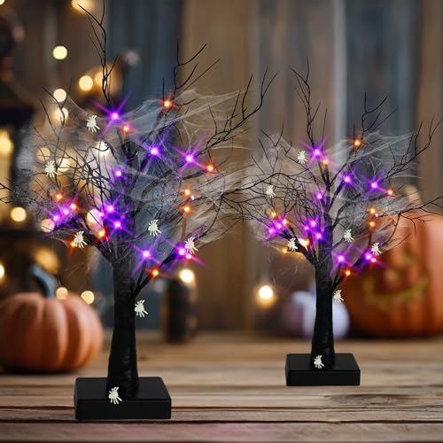 Dazzle Bright 2 Pack 20 Inch Orange & Purple Lighted Halloween Birches Tree Decor, 24 LED Battery Operated Halloween Decorations Artificial Black Spooky Tree with Timer for Indoor Home Party - Image 2